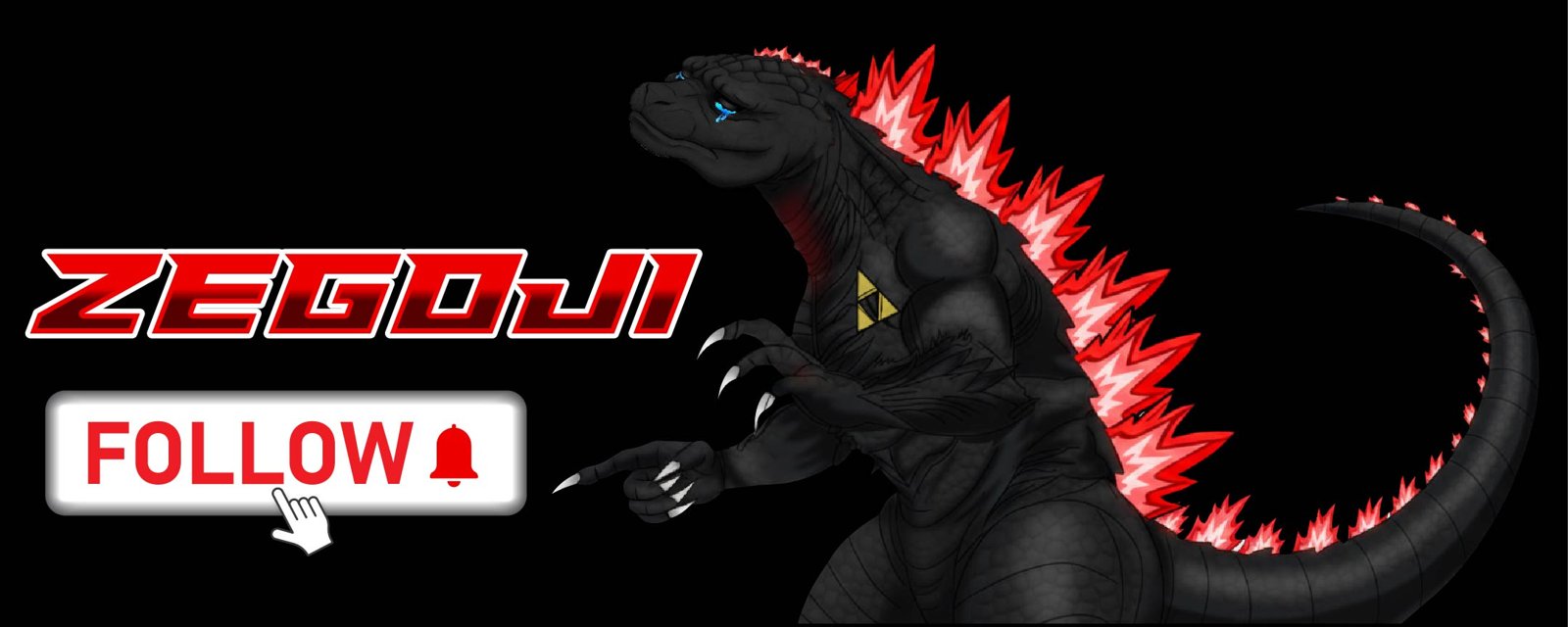 Zegoji banner: the Zegoji wordmark and a black kaiju with glowing red spines pointing at a Follow button
